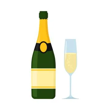 Vector illstration of champagne with glass. Flat design. Isolated. Stock Illustration