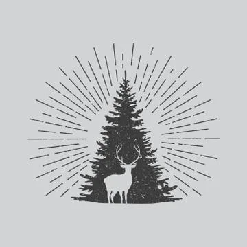 Vector illstration of deer with tree. Retro design. Isolated. Stock Illustration