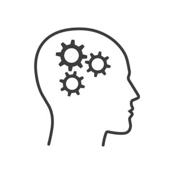 Vector illstration of head with gears icon. Outline design. Isolated. Stock Illustration