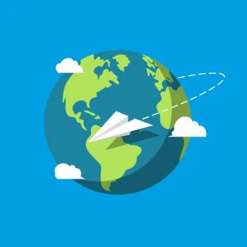 Vector illstration of paper plane flying around Earth. Flat design. Stock Illustration