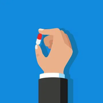 Vector illstration of pill in hand on blue background. Isolated. Illustrazione stock