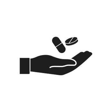 Vector illstration of pills on hand icon. Flat design. Isolated. Stock Illustration