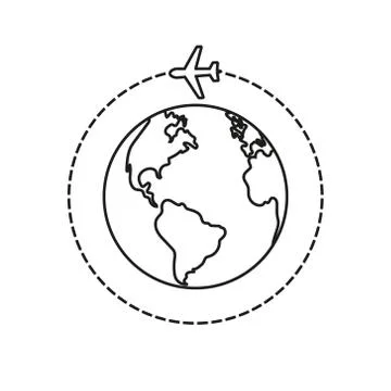 Vector illstration of plane flying around planet icon. Isolated. Stock Illustration