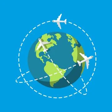 Vector illstration of planes flying around Earth. Flat design. Isolated. Stock Illustration