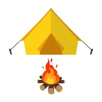 Vector illstration of tent and bonfire. Flat design. Isolated. Stock Illustration
