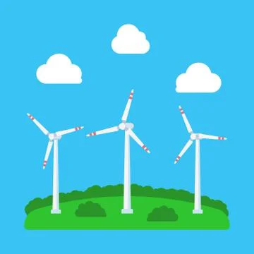 Vector illstration of three windmills. Flat design. Isolated. Stock Illustration