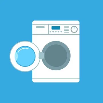 Vector illstration of wash machine icon on blue background. Flat design. Stock Illustration