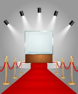 Vector illuminated podium with red carpet and showcase Stock Illustration