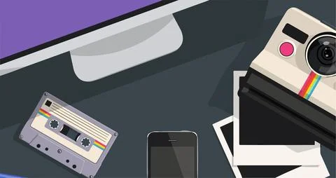 Vector illusion of work table with tablet smart phone and other office items Stockillustratie