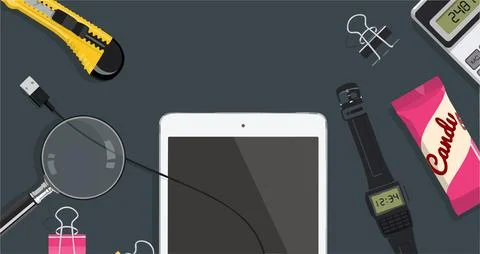 Vector illusion of work table with tablet smart phone and other office items Stockillustratie