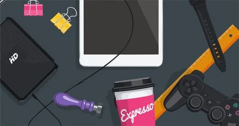 Vector illusion of work table with tablet smart phone and other office items Stock Illustration