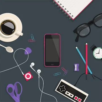 Vector illusion of work table with tablet smart phone and other office items Stock Illustration