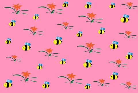 Vector illusration of bee and flowers on pink background Stock Illustration