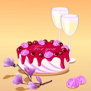 Vector illustartion of cake, two glasses and magnolia, words for you Stock Illustration