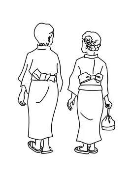 Vector illustraion of back view of men and women wearing yukata. Stock Illustration