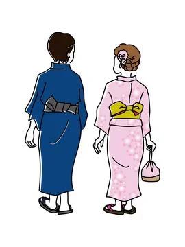 Vector illustraion of back view of men and women wearing yukata. Stock Illustration