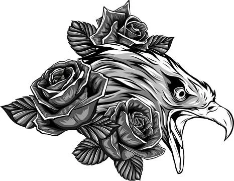 Vector illustraion of monochrome eagle with flower roses Illustrazione stock