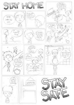 Vector illustrated black and white comic book page. Mother and son situation  Ilustración de archivo