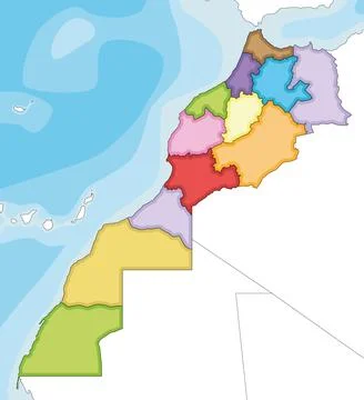 Vector illustrated blank map of Morocco with regions and administrative div.. Stock Illustration
