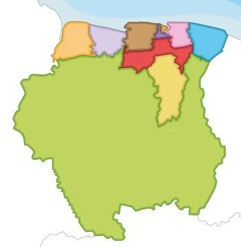 Vector illustrated blank map of Suriname with districts and administrative .. 库存插图