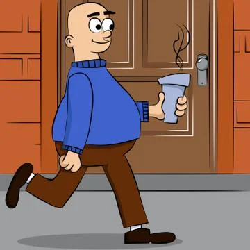 Vector illustrated cartoon man running with a cup of coffee on the street. Illustrazione stock