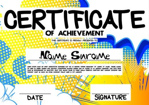 Vector illustrated certificate template with comic book elements. Ilustración de archivo