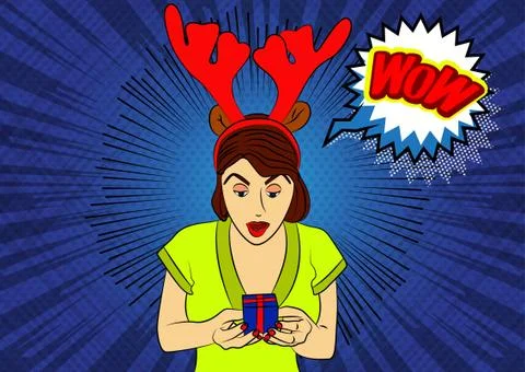 Vector illustrated comic book style, cartoon woman holding a small gift box.  스톡 일러스트