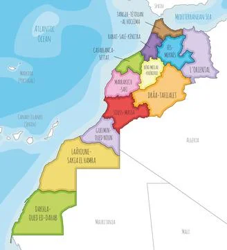 Vector illustrated map of Morocco with regions and administrative divisions.. Stock Illustration