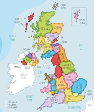 Vector illustrated map of UK with administrative divisions, and neighbourin.. Illustrazione stock