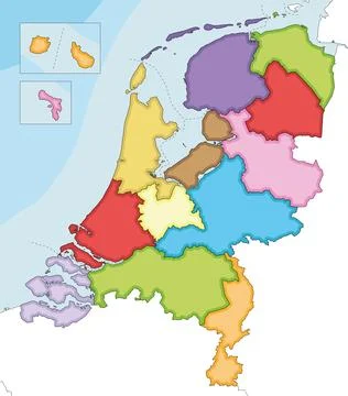 Vector illustrated regional blank map of Netherlands with provinces, Caribb.. Illustrazione stock