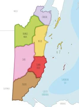 Vector illustrated regional map of Belize with districts and administrative.. Stock Illustration