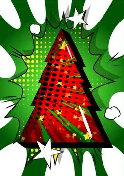 Vector illustrated retro comic book Christmas tree background, pop art vintag 스톡 일러스트