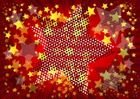 Vector illustrated retro comic book background with big half tone stars, pop  Stockillustratie