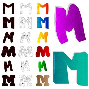 Vector illustrated set of letter M, filled with floral elements. Stock Illustration