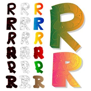 Vector illustrated set of letter R, filled with floral elements. Illustrazione stock