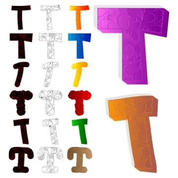 Vector illustrated set of letter T, filled with floral elements. Stock Illustration