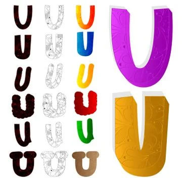 Vector illustrated set of letter U, filled with floral elements. Stock Illustration
