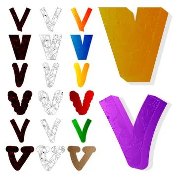 Vector illustrated set of letter V, filled with floral elements. Stock Illustration