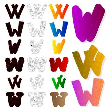Vector illustrated set of letter W, filled with floral elements. Illustrazione stock
