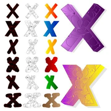 Vector illustrated set of letter X, filled with floral elements. 스톡 일러스트