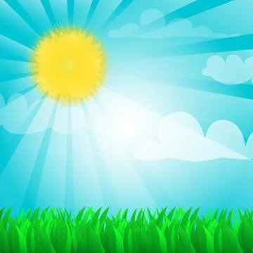 Vector illustrated sunny background with sun and grass. Stockillustratie