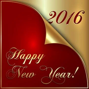 Vector illustration of 2016 new year gold and dark red greeting with curled Stock Illustration