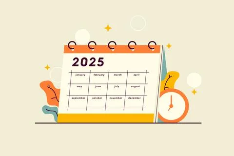 Vector illustration of 2025 calendar with clock icon Stock Illustration