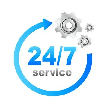 Vector illustration of 24 7 service icon. It works around the clock. Vector.. Stock Illustration