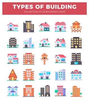 Vector illustration of 25 building icons. Flat design collection of house a.. Stock Illustration