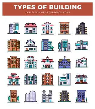 Vector illustration of 25 building icons featuring diverse architectural st.. Ilustración de archivo