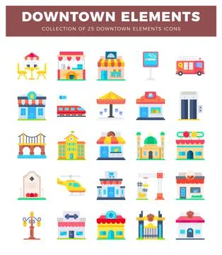 Vector illustration of 25 downtown element icons Stockillustratie
