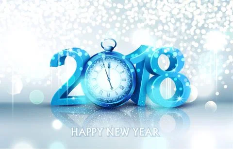 Vector illustration. 3d blue digits 2018, with an old clock instead of zero o Stock Illustration
