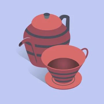 Vector illustration with 3D coffee or tea pot with cup. Kettle in isometric flat Stock Illustration