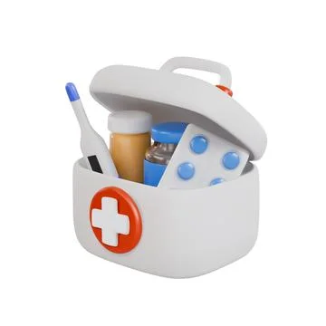 Vector illustration a 3d first aid kit with a thermometer and medicines for Stock Illustration